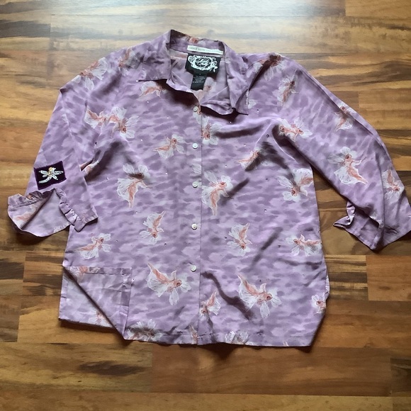 Kirks Folly Large Silk Lavender Long Sleeve Fairy Print Shirt - Picture 6 of 8